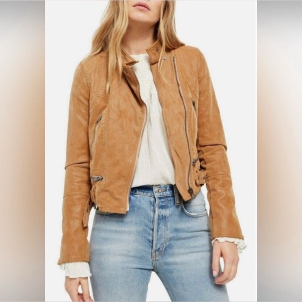 We The Free Felix Suede Faux Vegan   Leather MotoJacket size XS, washable, Camel